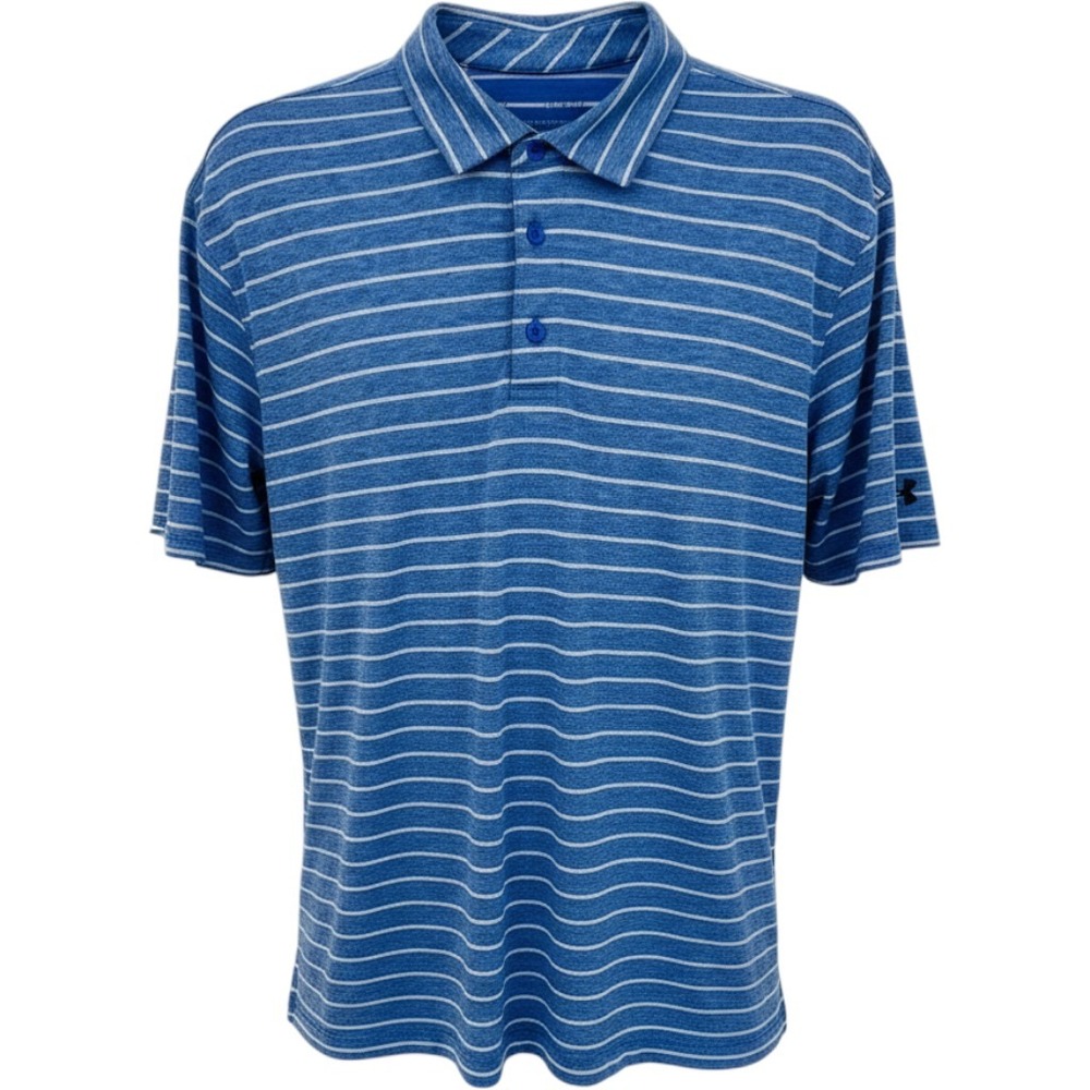 Under Armour Playoff Polo Shirt Mens Large Blue White Striped Short Sleeve Golf